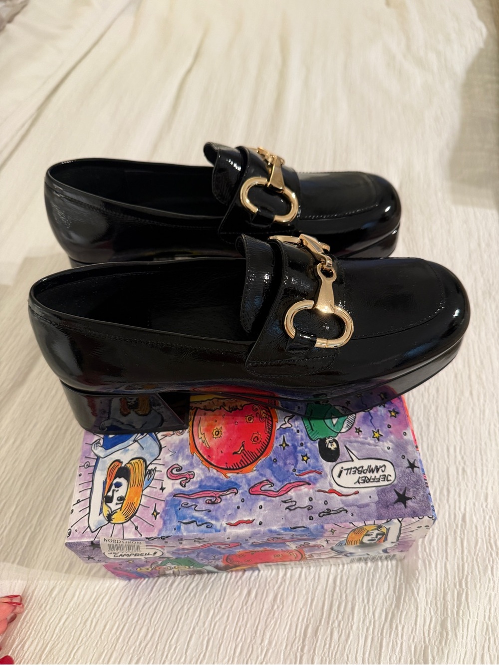 Jeffrey Campbell Black Patent Loafers with Gold Bit Hardware